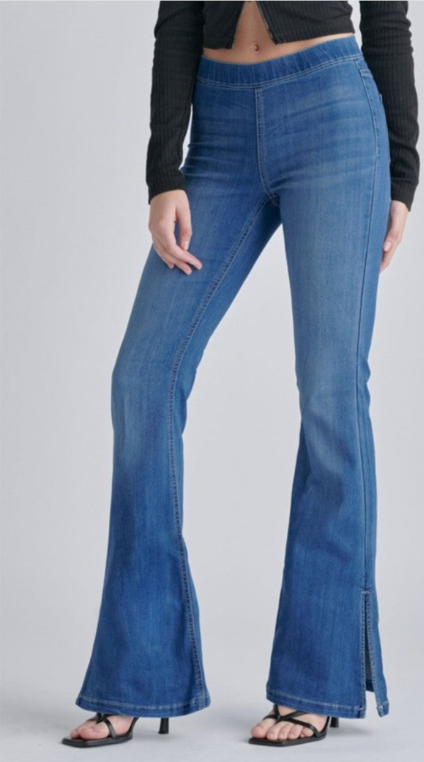 Macie Cello Pull On Flare Jeans with Side Slit