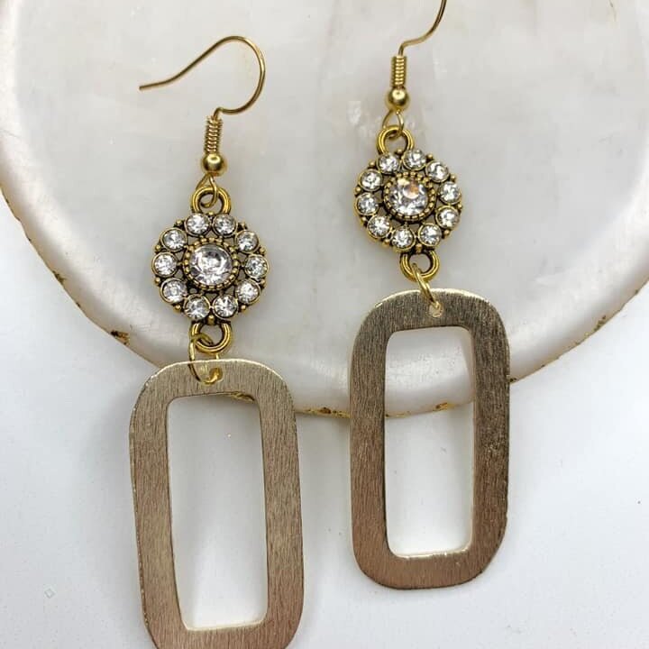 Crystal Flower Gold Square Earrings