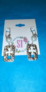 Open Cross Silver And Pearl Square Earring
