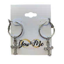 Load image into Gallery viewer, Cross Paved Cry Dangle 20mm Hoop- Multiple Colors
