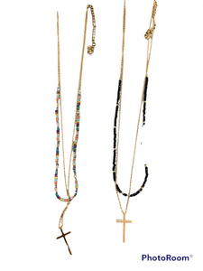Beaded Double Chain Cross Necklace- Multiple Colors