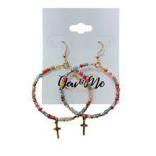 Load image into Gallery viewer, Cross Charm Bead Circle Earrings- Multiple Colors
