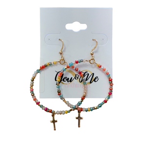Cross Charm Bead Circle Earrings- Multiple Colors