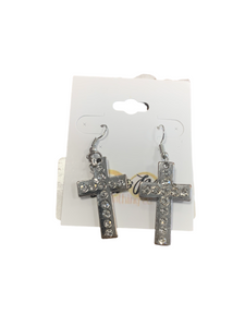 Silver Crossed Jeweled Cross Earrings