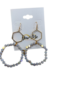 Gold Double Iridescent Hexagon Dangle Earrings-Multiple Colors